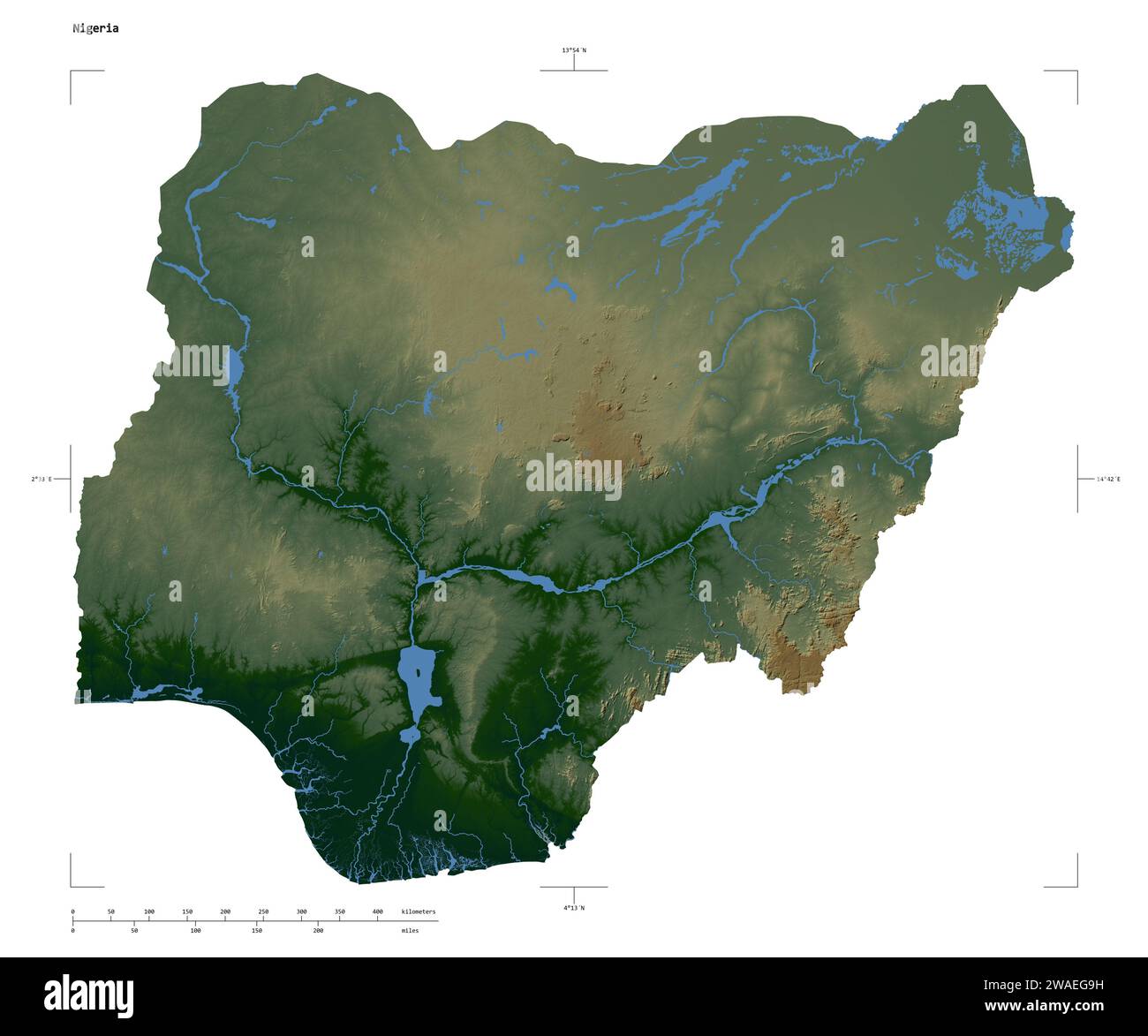 Shape of a Colored elevation map with lakes and rivers of the Nigeria