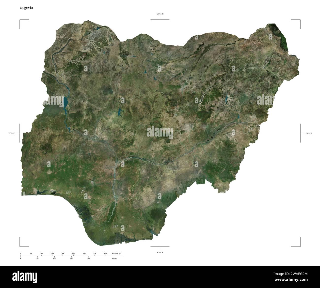Shape of a high resolution satellite map of the Nigeria, with distance