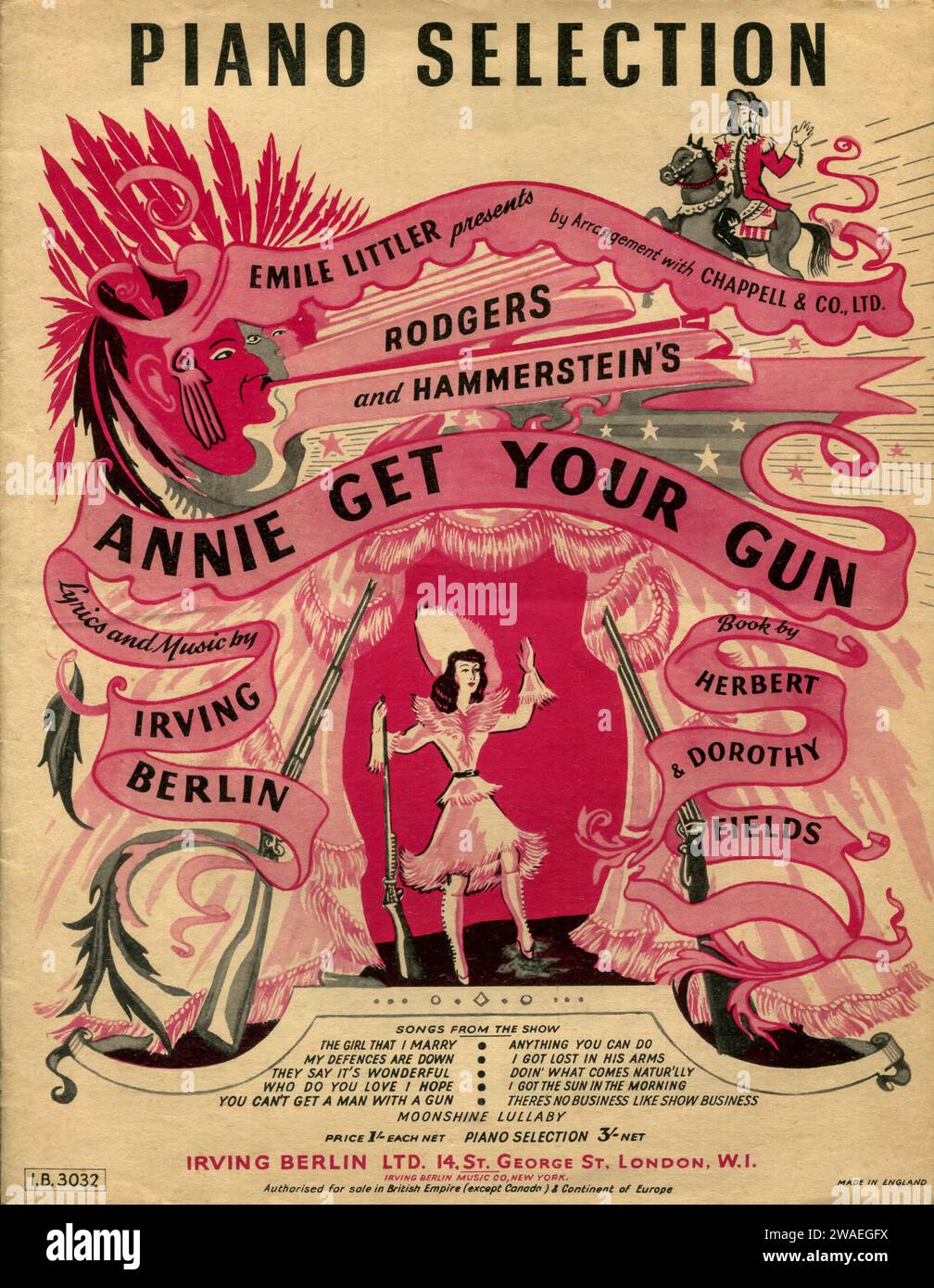 English sheet music for piano published by Irving Berlin Limited in London through Chappell Music for the he 1946 Broadway production musical Annie Get Your Gun with lyrics and music by Irving Berlin and from a book by Dorothy Fields and her brother Herbert Fields. Stock Photo