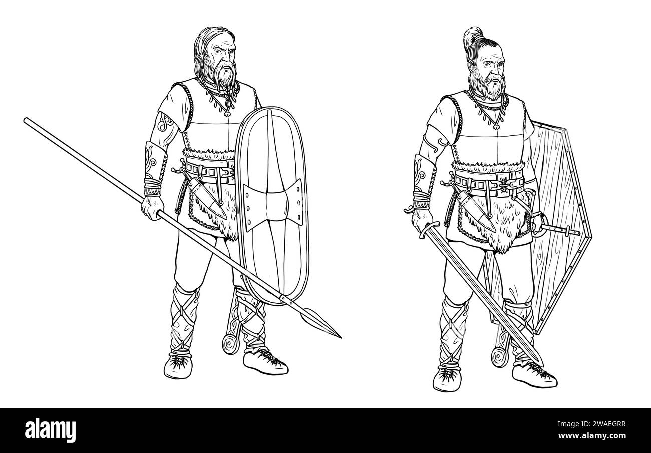 Celtic warriors. Ancient soldiers. Drawing with Roman enemies. Stock Photo