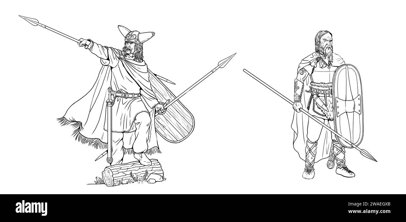 Celtic warriors. Ancient soldiers. Drawing with Roman enemies. Stock Photo
