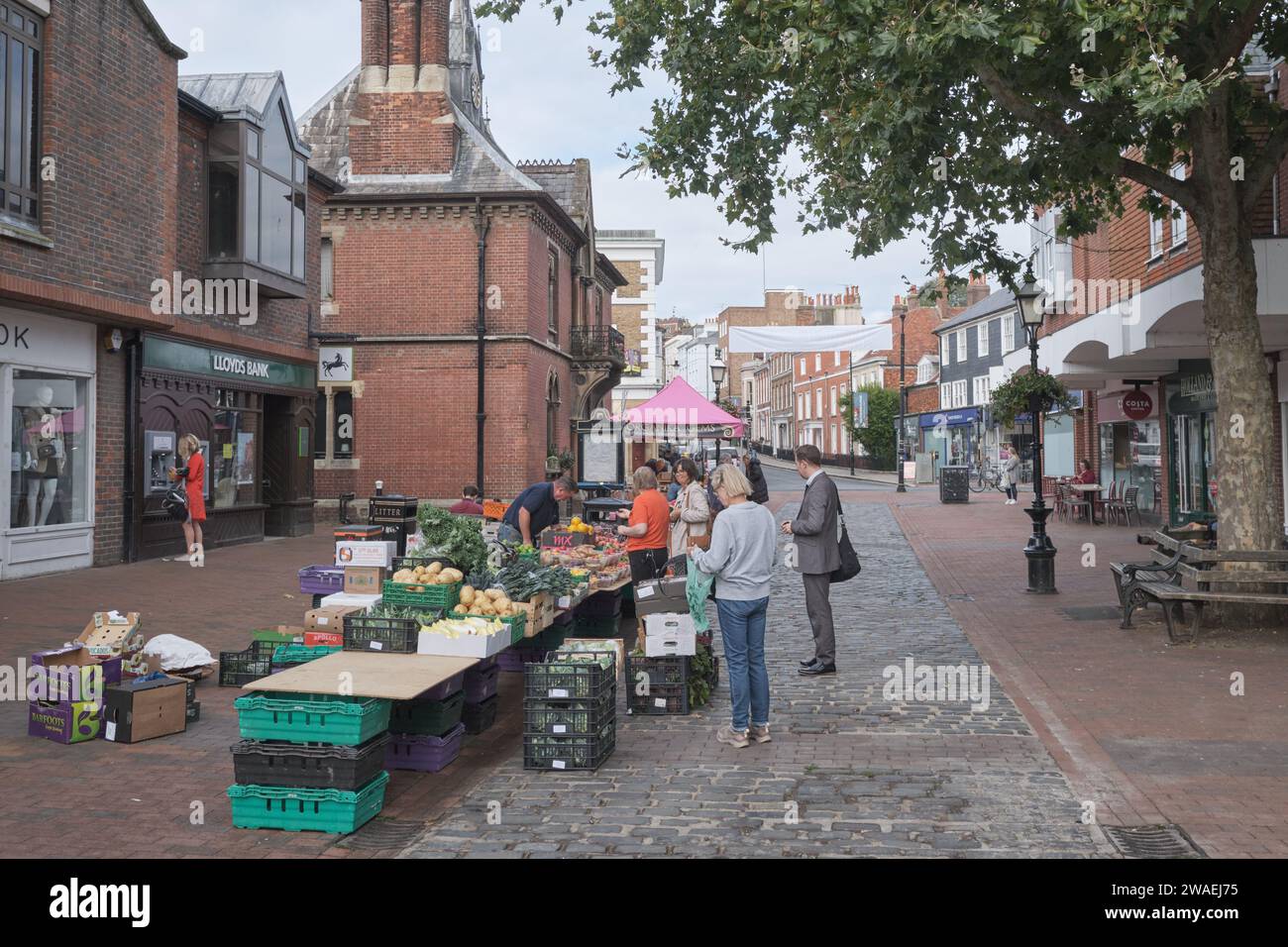 fruit and vegetables  street stand set up in centre of pedestrian street in Lewes, East, Sussex Stock Photo
