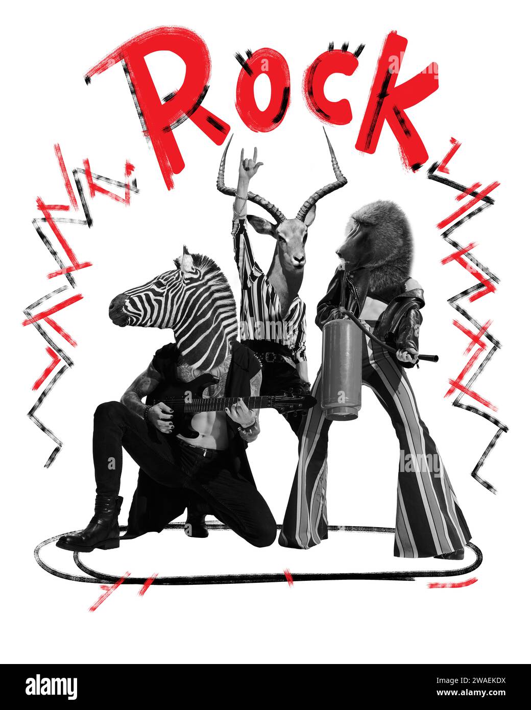 Poster. Contemporary art collage. Modern rock band of black and white