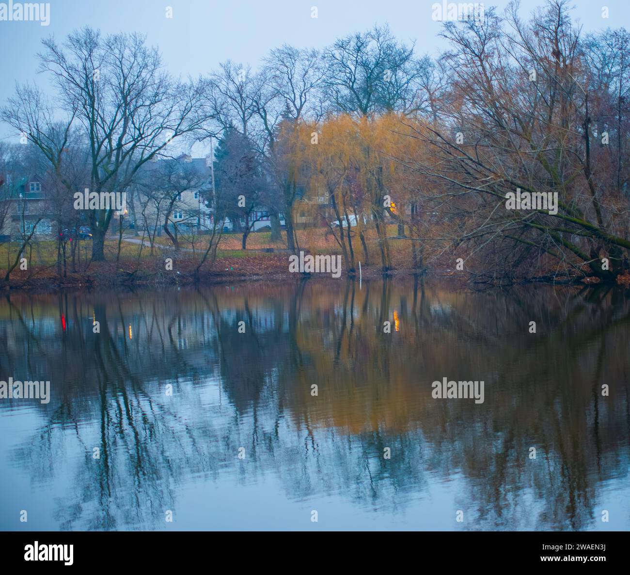 An idyllic lake surrounded by lush trees Stock Photo
