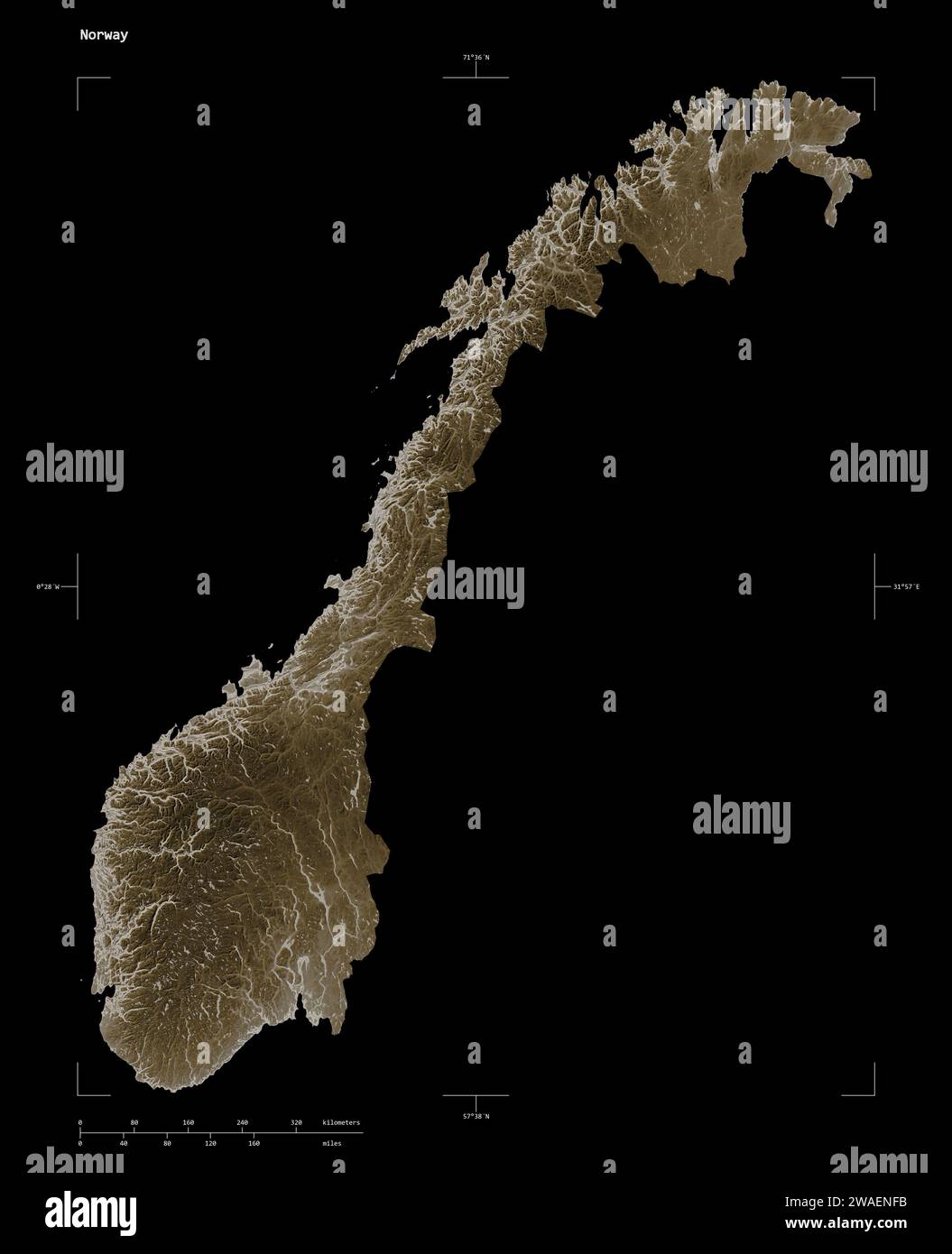 Norway map zoom border sepia hi res - Shape Of A Elevation Map Colored In Sepia Tones With Lakes And Rivers Of The Norway With Distance Scale And Map Border Coordinates Isolated On Black 2WAENFB