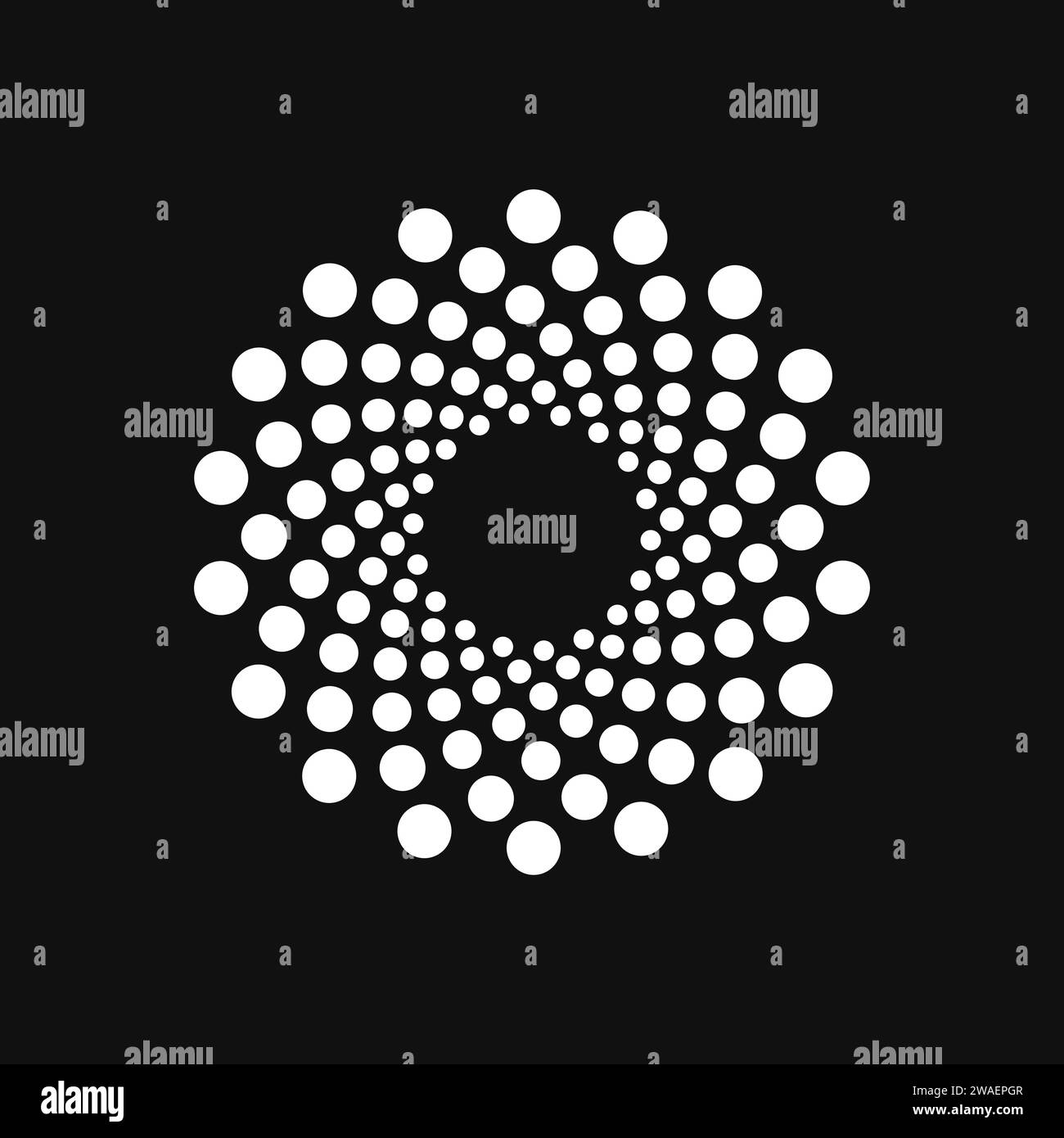 Halftone point vortex on dark. Abstract futuristic digital technology logo element. Vector geometric shape Stock Vector