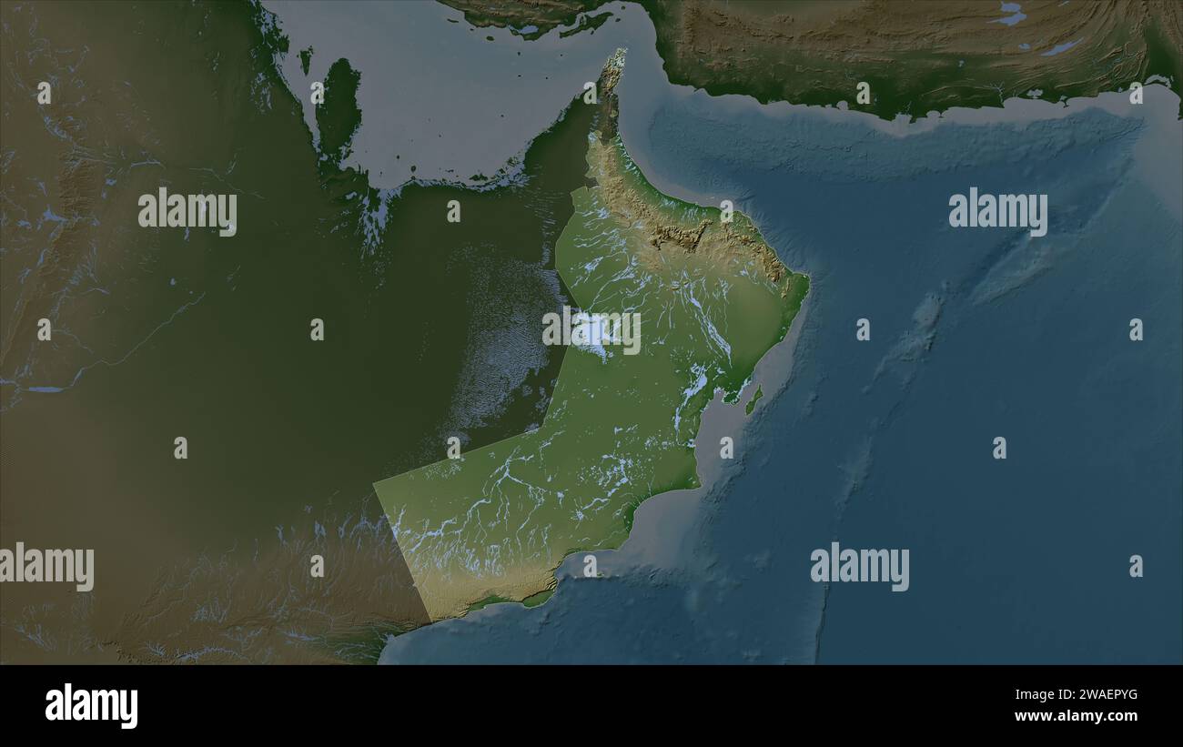 Oman highlighted on a Pale colored elevation map with lakes and rivers ...