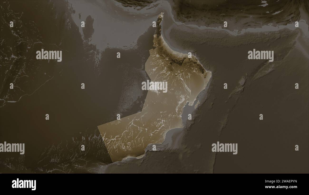 Oman highlighted on a elevation map colored in sepia tones with lakes ...