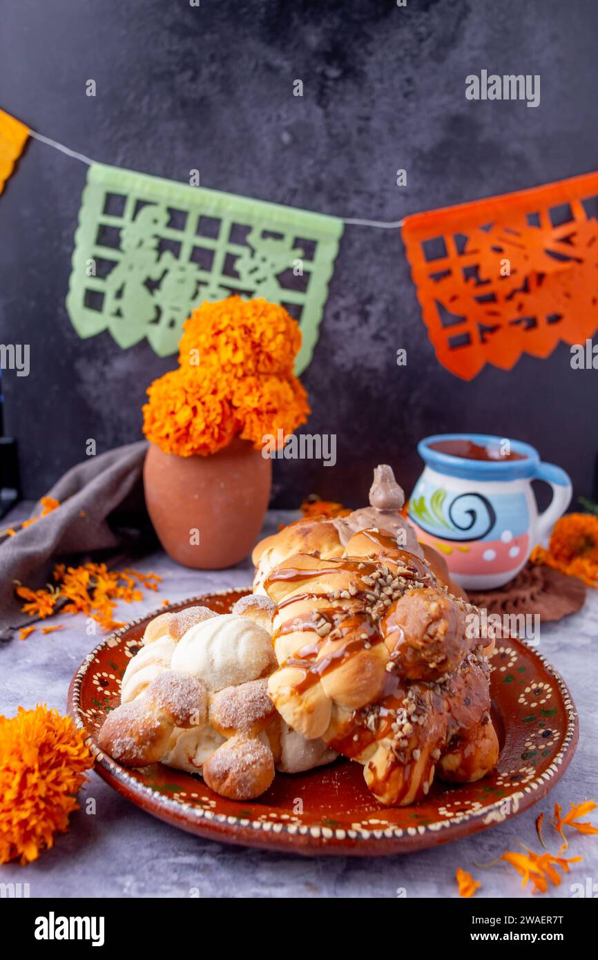 Bread of the dead and hot chocolate, typical Mexican food to celebrate with the family Stock Photo