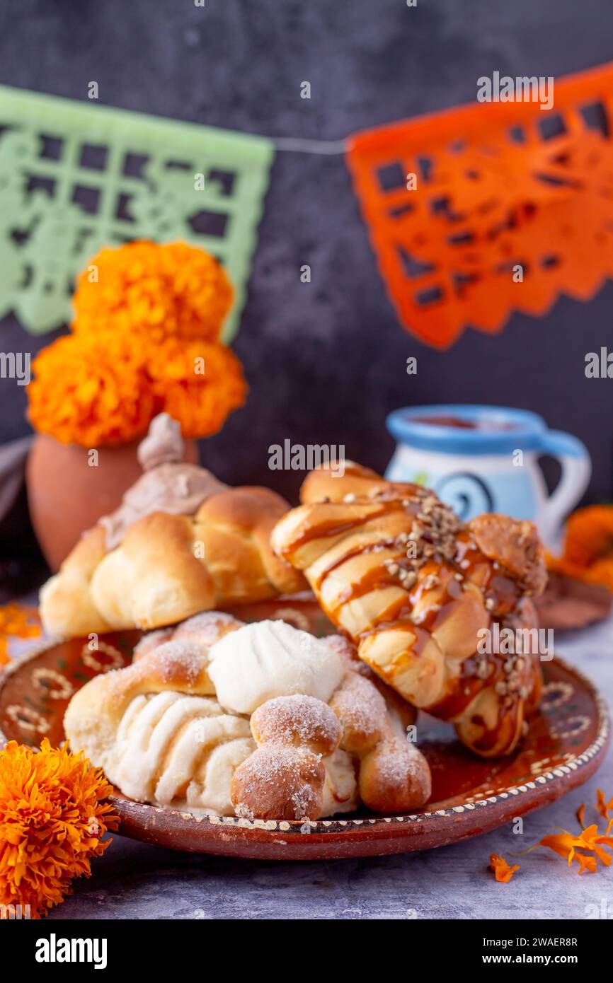 Bread of the dead and hot chocolate, typical Mexican food to celebrate with the family Stock Photo