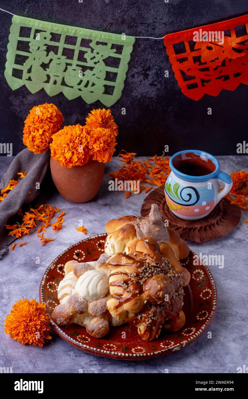 Bread of the dead and hot chocolate, typical Mexican food to celebrate with the family Stock Photo