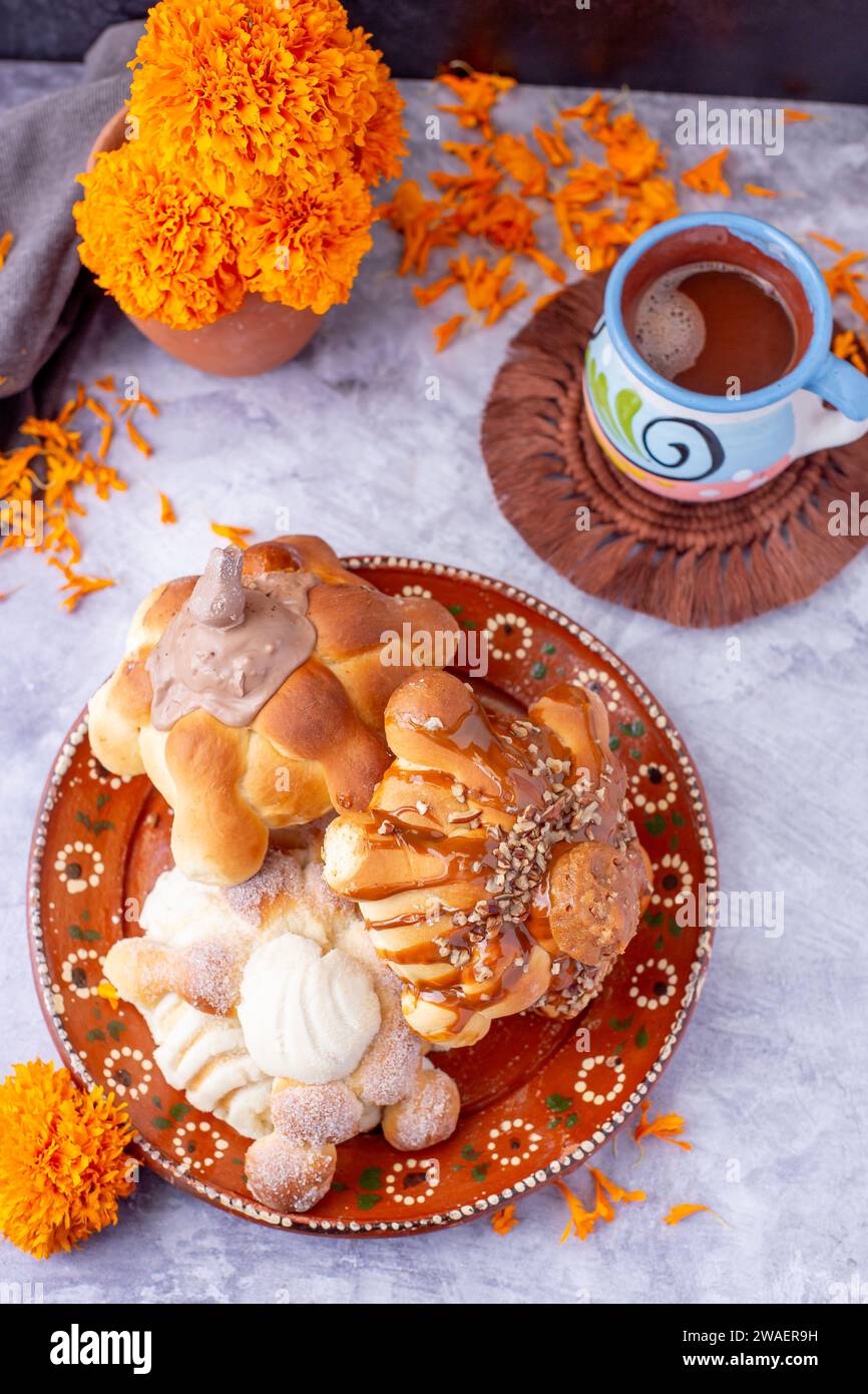 Bread of the dead and hot chocolate, typical Mexican food to celebrate with the family Stock Photo