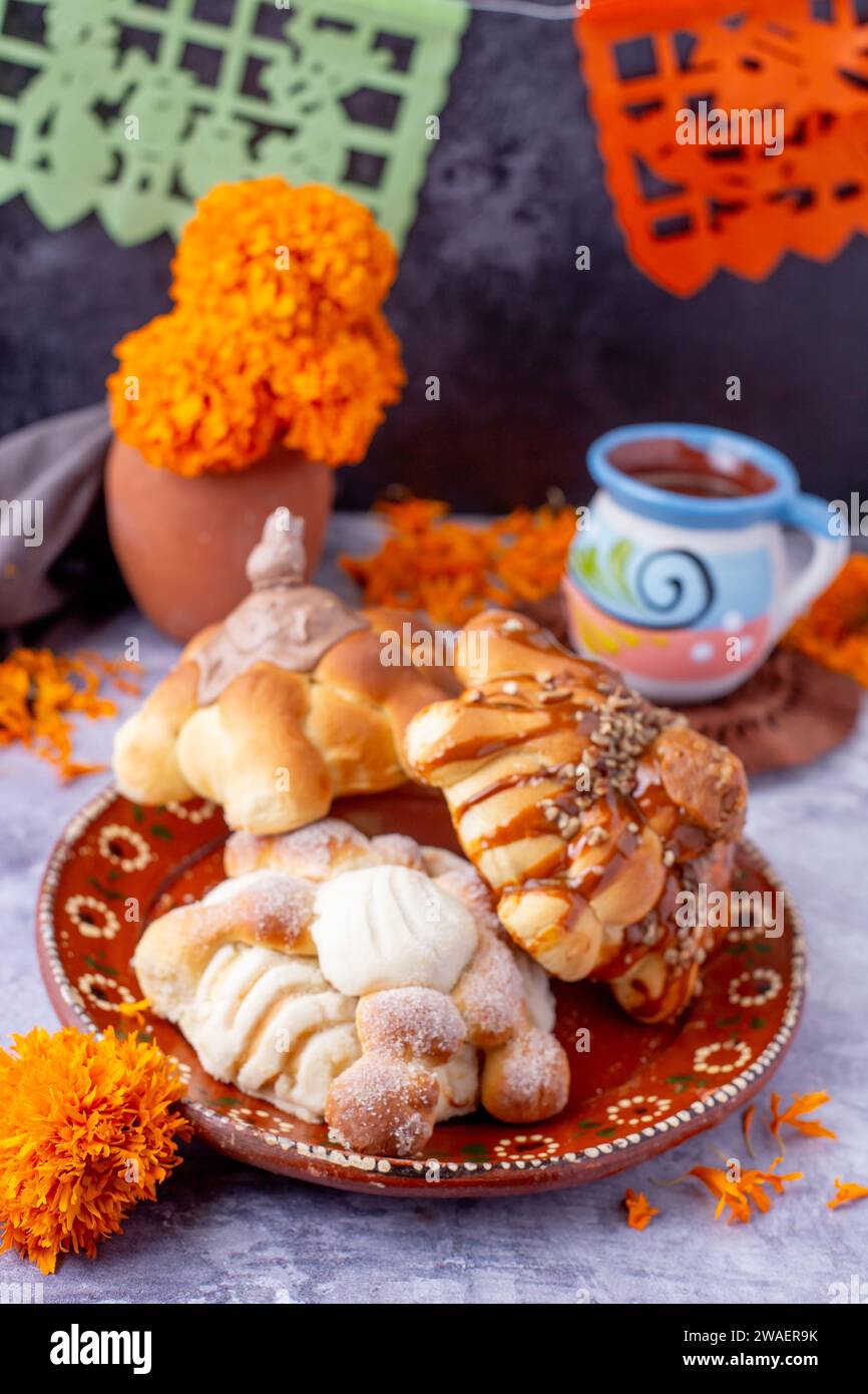 Bread of the dead and hot chocolate, typical Mexican food to celebrate with the family Stock Photo