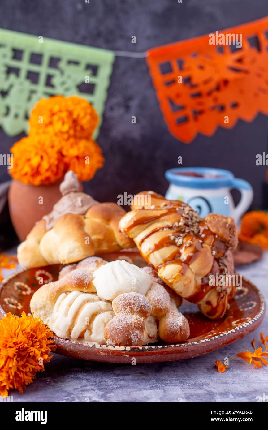 Bread of the dead and hot chocolate, typical Mexican food to celebrate with the family Stock Photo