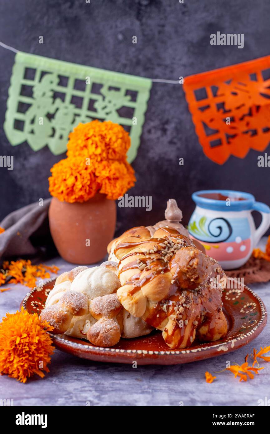 Bread of the dead and hot chocolate, typical Mexican food to celebrate with the family Stock Photo