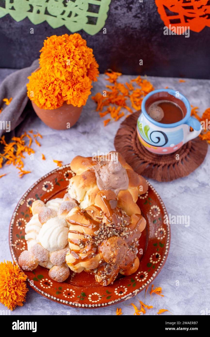 Bread of the dead and hot chocolate, typical Mexican food to celebrate with the family Stock Photo