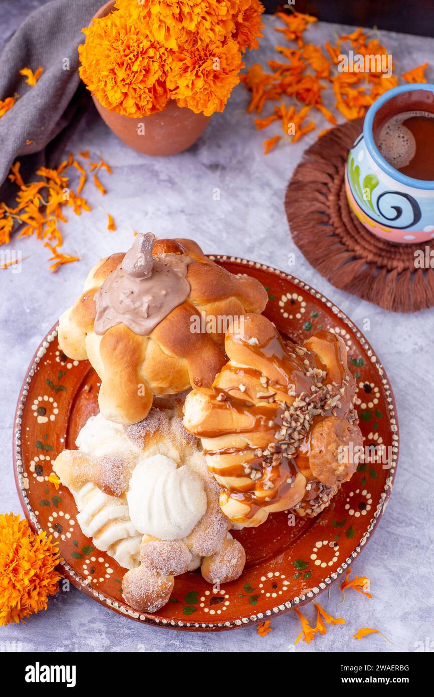 Bread of the dead and hot chocolate, typical Mexican food to celebrate with the family Stock Photo