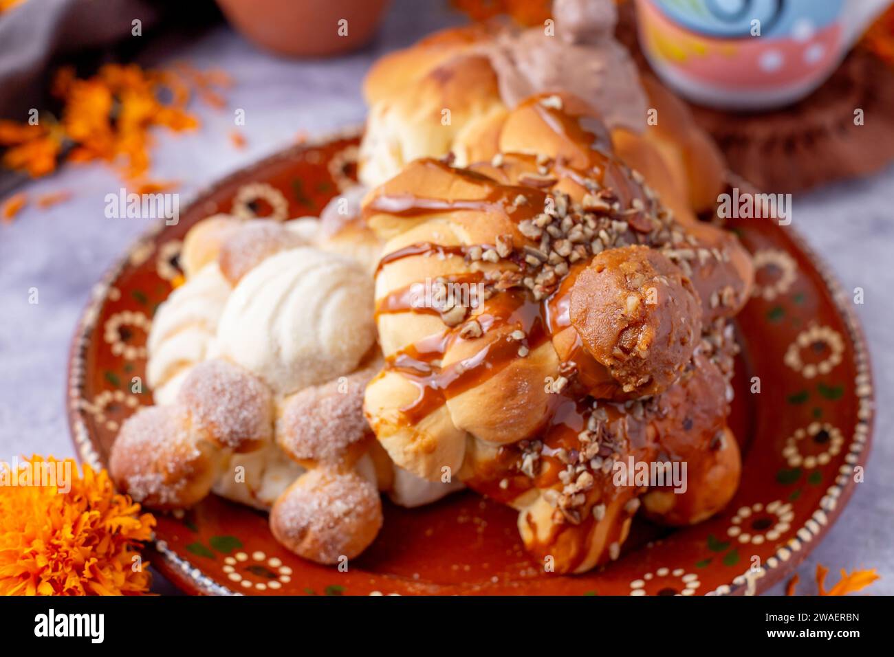 Bread of the dead and hot chocolate, typical Mexican food to celebrate with the family Stock Photo