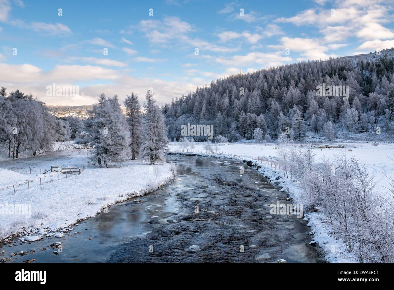 River Gairn in the ice and snow. Gairnshiel, Cairngorms, Highlands, Scotland Stock Photo