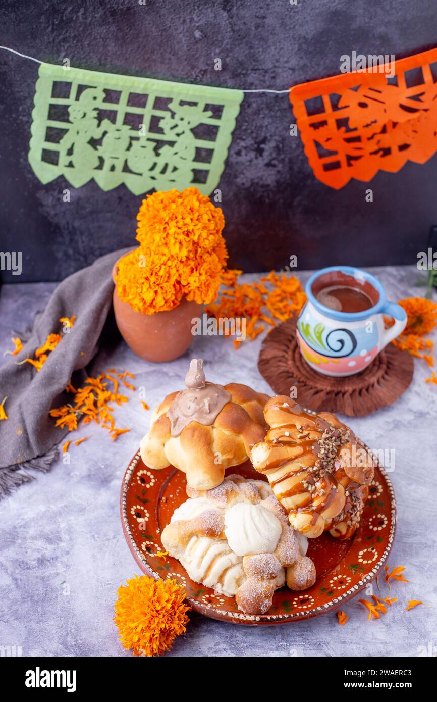 Bread of the dead and hot chocolate, typical Mexican food to celebrate with the family Stock Photo