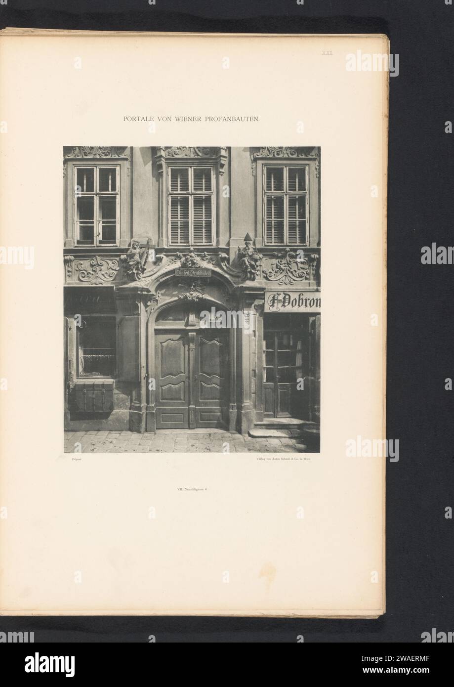 Access portal of a building of Neustift gas 6 in Vienna, c. 1884 - in or before 1894 photomechanical print  maker: Austriapublisher: Vienna paper collotype gate, entrance. façade (of house or building). sculpture (+ relief  sculpture) Stock Photo