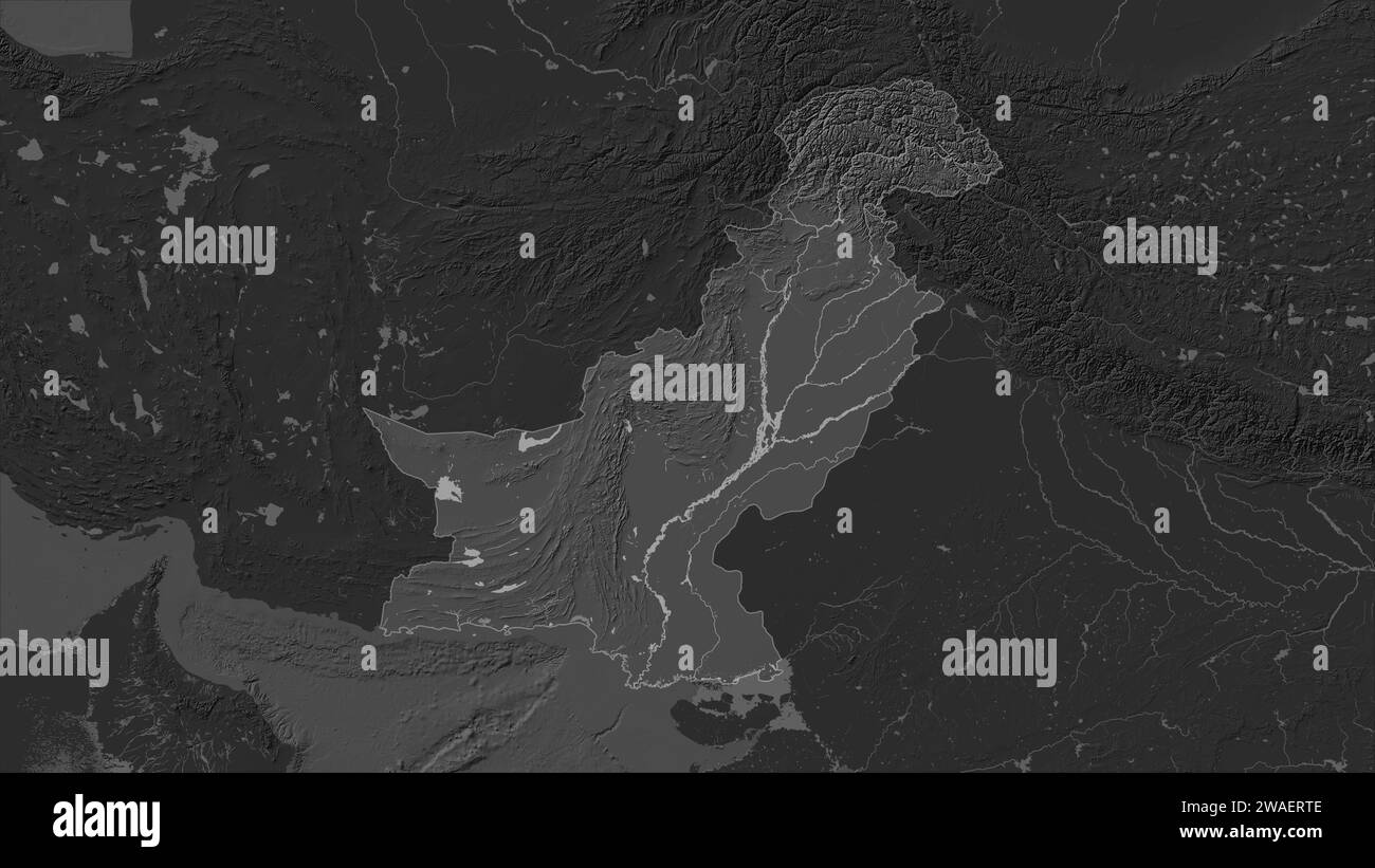 Pakistan highlighted on a Bilevel elevation map with lakes and rivers Stock Photo