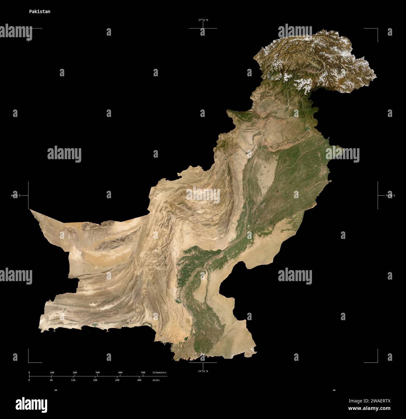 Pakistan map zoom border satellite - Shape Of A Low Resolution Satellite Map Of The Pakistan With Distance Scale And Map Border Coordinates Isolated On Black 2WAERTX