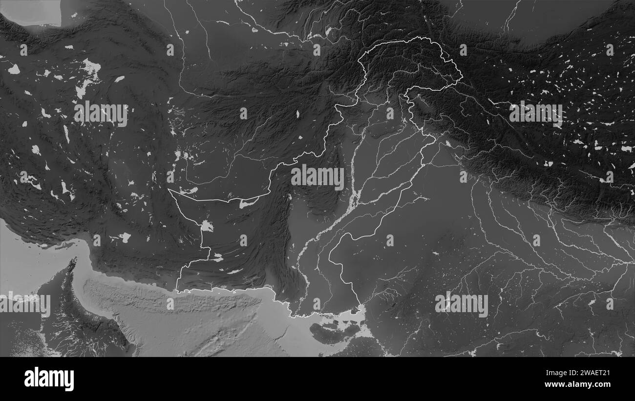 Pakistan outlined on a Grayscale elevation map with lakes and rivers Stock Photo