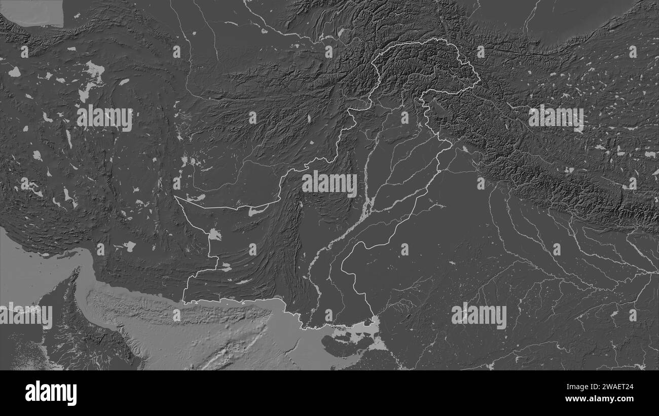 Pakistan outlined on a Bilevel elevation map with lakes and rivers Stock Photo