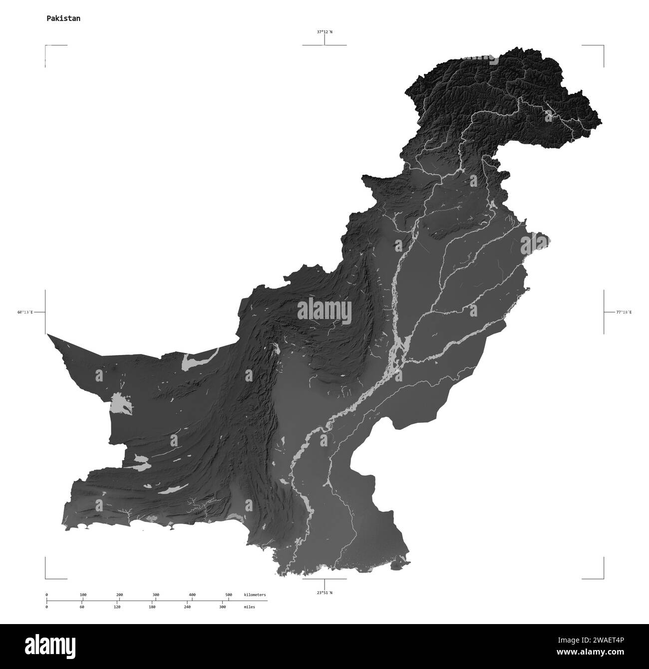 Shape of a Grayscale elevation map with lakes and rivers of the Pakistan, with distance scale and map border coordinates, isolated on white Stock Photo