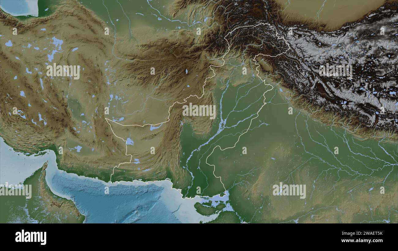 Pakistan outlined on a Pale colored elevation map with lakes and rivers ...