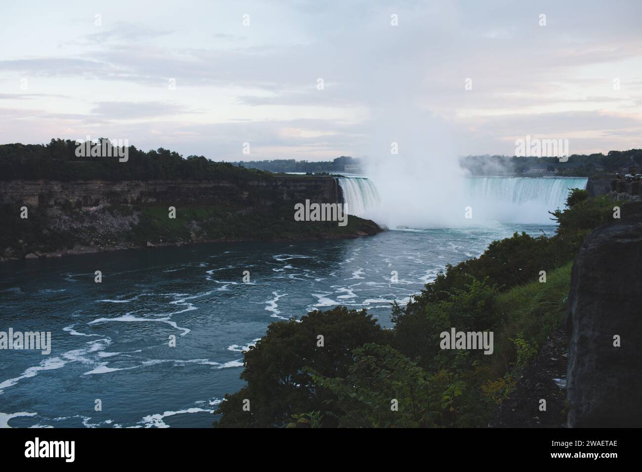 A scenic view of Niagara Falls in Ontario, Canada, with cascading waters framed by green vegetation Stock Photo