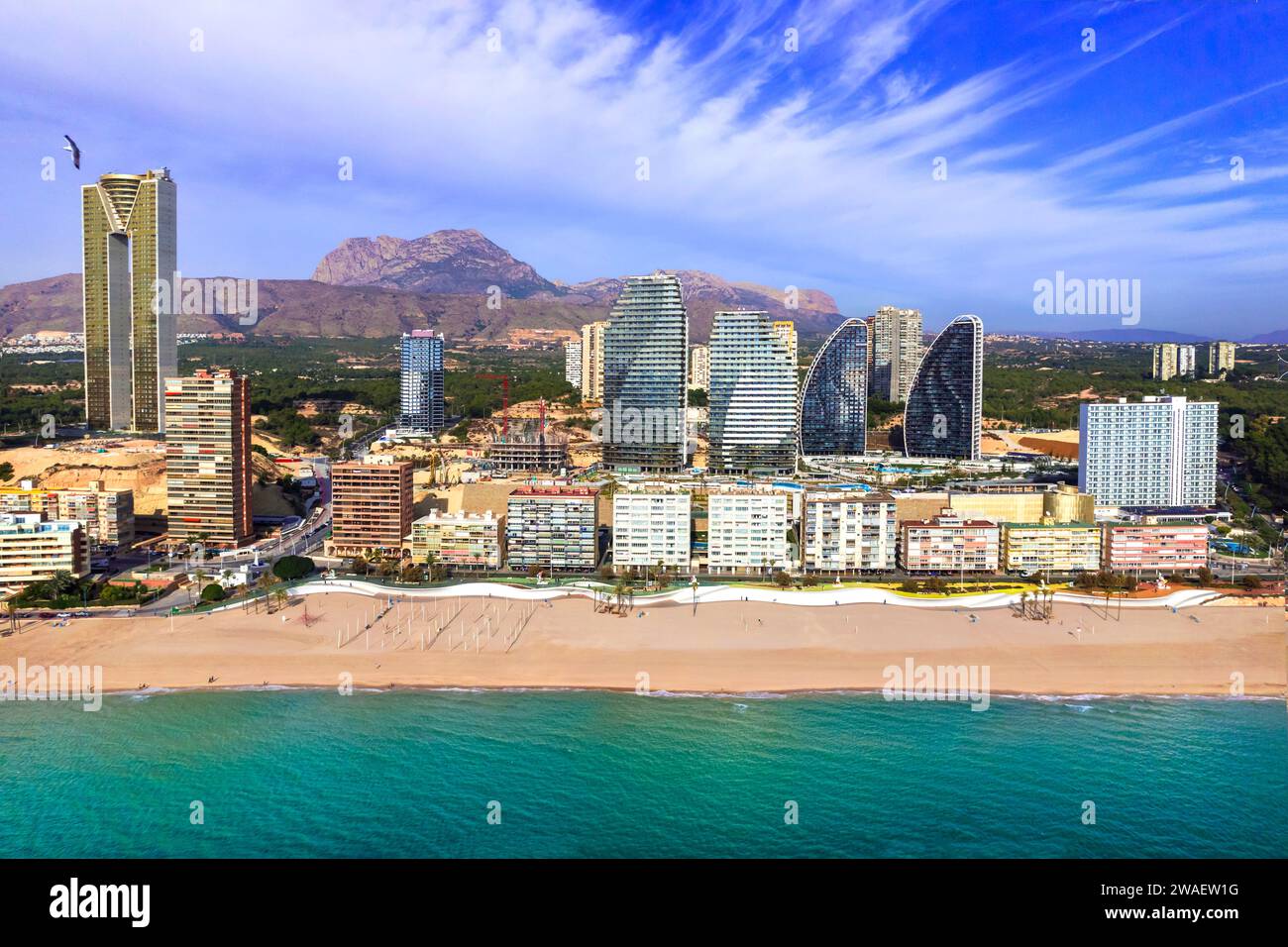 Benidorm city of Costa Blanca, Spain. Aerial drone panoramic high angle view, coastal cityscape panorama Stock Photo
