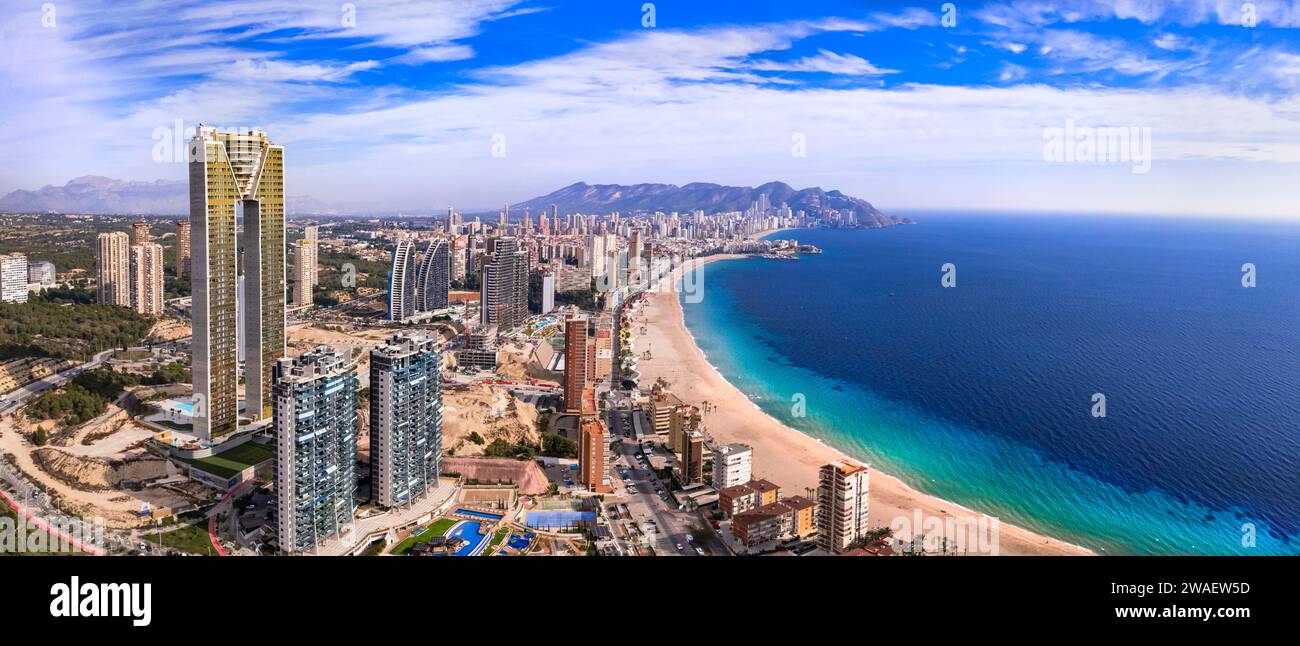 Benidorm city of Costa Blanca, Spain. Aerial drone panoramic high angle view, coastal cityscape panorama Stock Photo
