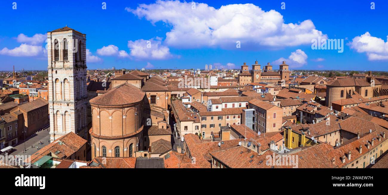 Landmarks of Italy - beautiful medieval town Ferrara in Emilia Romagna. aerial drone view of historic center with castle and duomo Stock Photo
