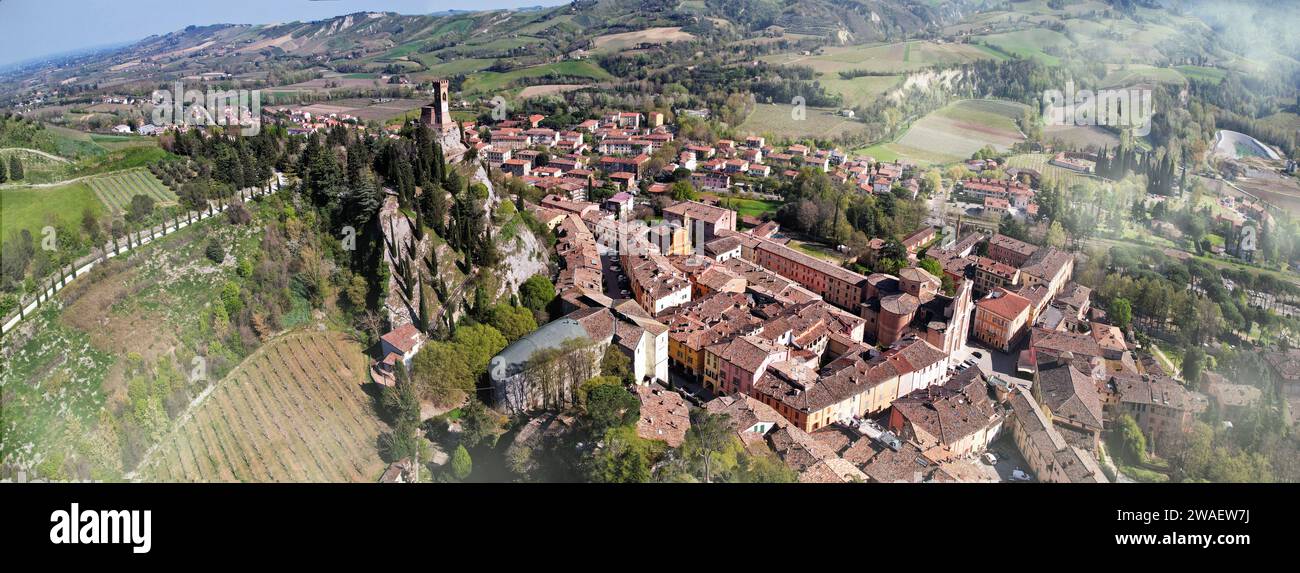 one of the most beautiful medieval villages of Italy, Emilia romagna region- Brisighella in Ravenna province, panoramic view of the castle Stock Photo