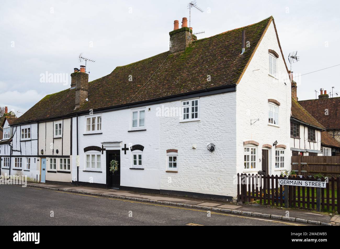 Row of sixteenth and early seventeenth century timber-framed houses on ...