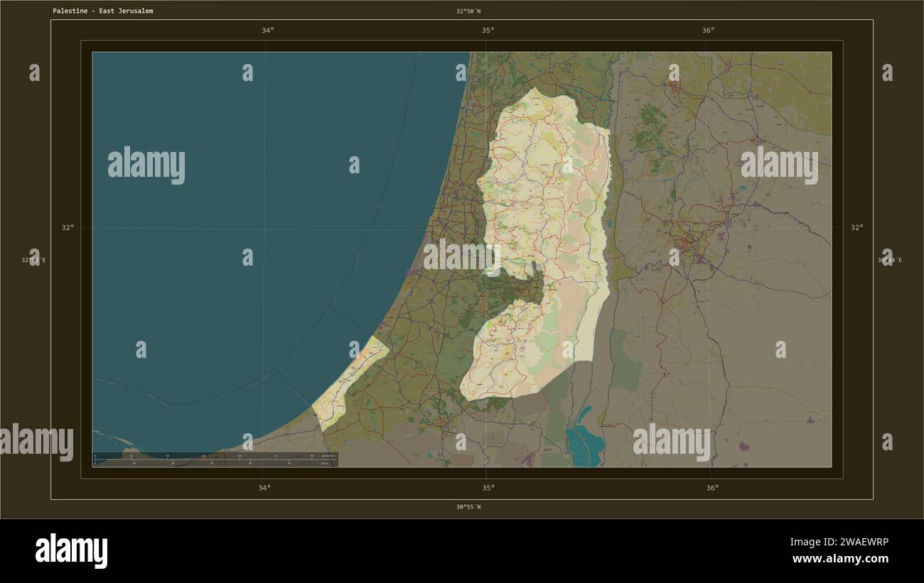 Palestine highlighted on a topographic, OSM Humanitarian style map map