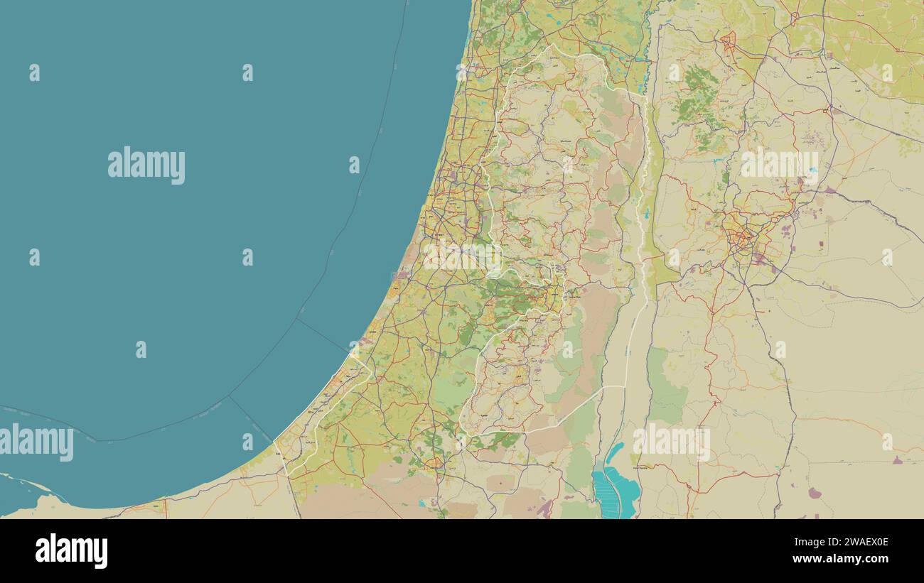 Palestine outlined on a topographic, OSM Humanitarian style map Stock