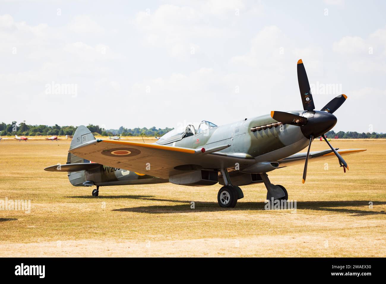 Supermarine Spitfire FRXIV, clipped wing, mv268, G-SPIT, static Imperial War Museum, Duxford airfield, Cambridge, Cambridgeshire, England. July Stock Photo