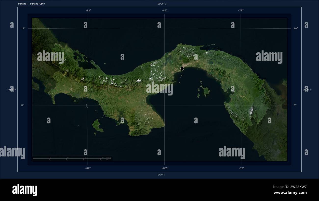 Panama highlighted on a low resolution satellite map map with the country's capital point