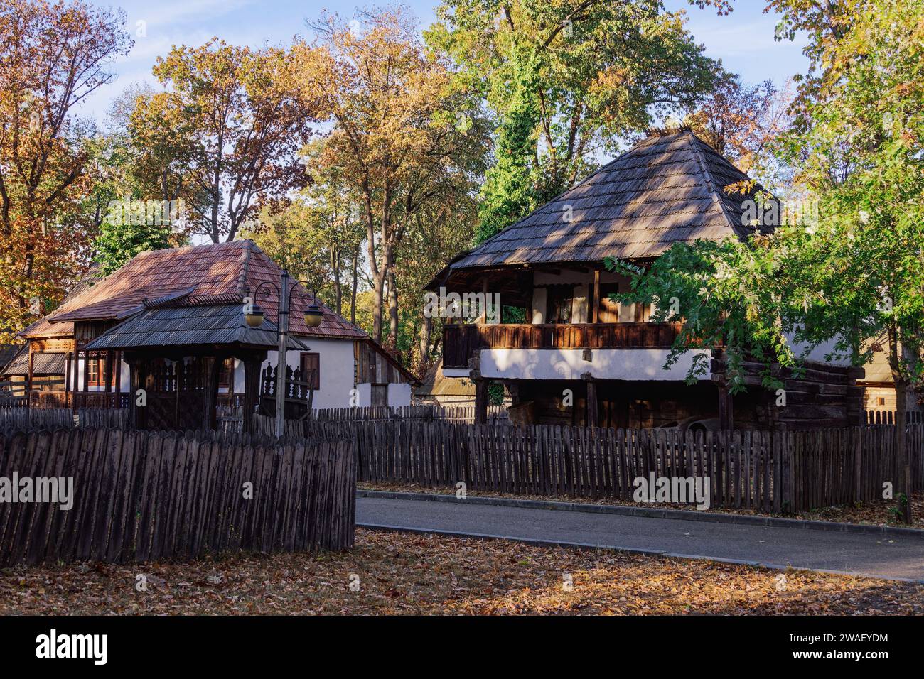 Authentic peasant settlements exhibiting traditional Romanian village life inside Dimitrie Gusti National Village Museum in Bucharest. Stock Photo