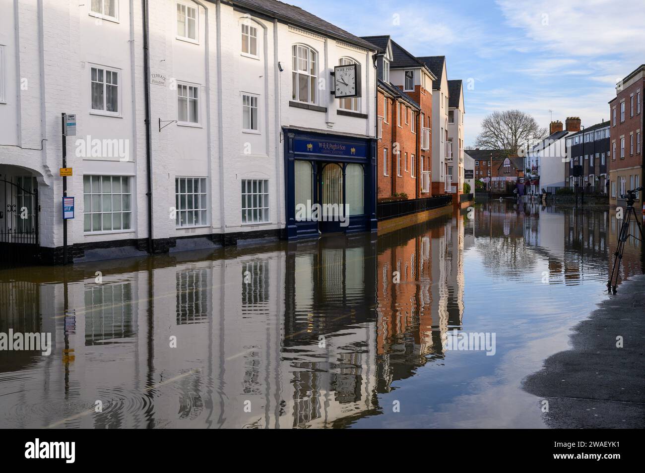 Flooding affected properties and businesses in Shrewsbury after the River Severn burst its banks as a result of heavy rainfall due to Storm Henk. Stock Photo