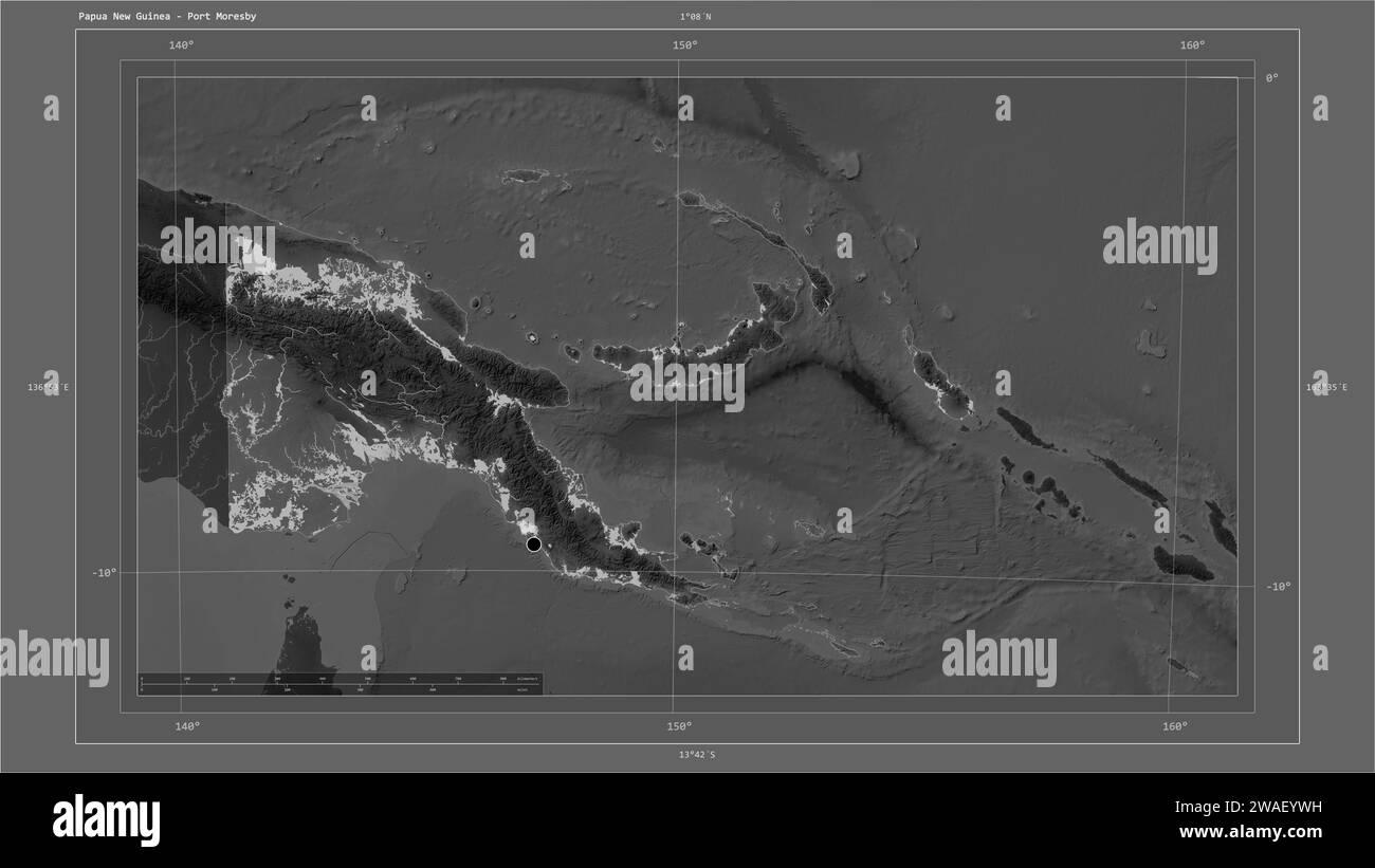 Papua New Guinea highlighted on a Grayscale elevation map with lakes ...