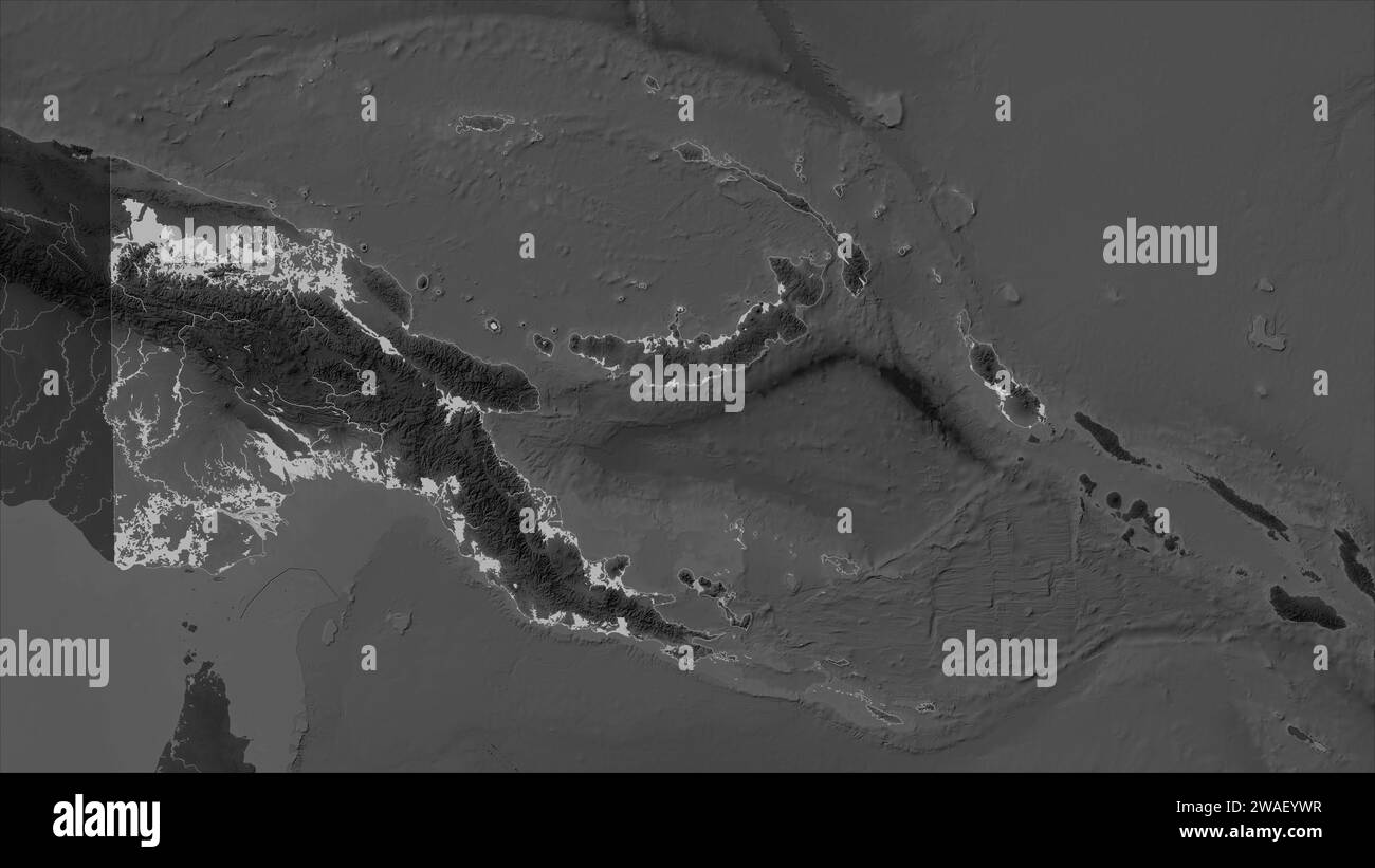 Papua New Guinea highlighted on a Grayscale elevation map with lakes and rivers Stock Photo