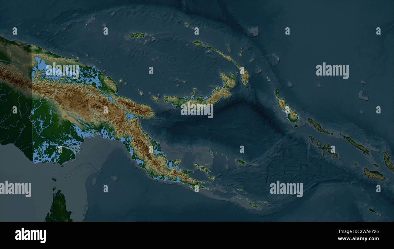 Papua New Guinea highlighted on a Colored elevation map with lakes and ...