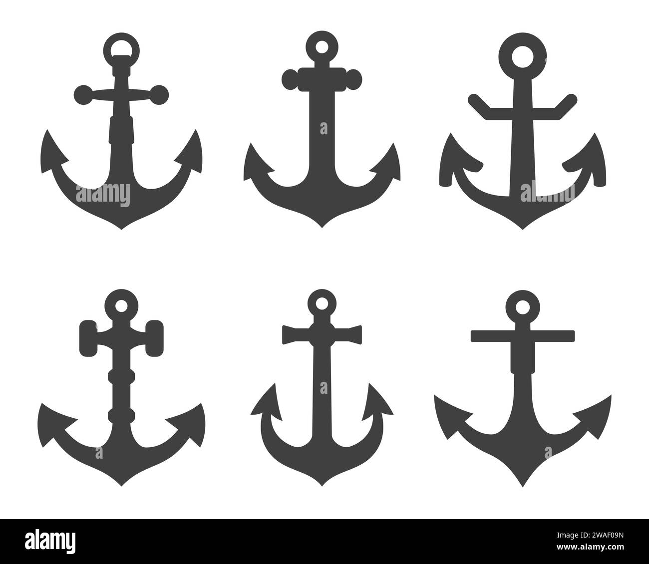 Anchor black icons set. Silhouettes marine equipment. Nautical vessel ...