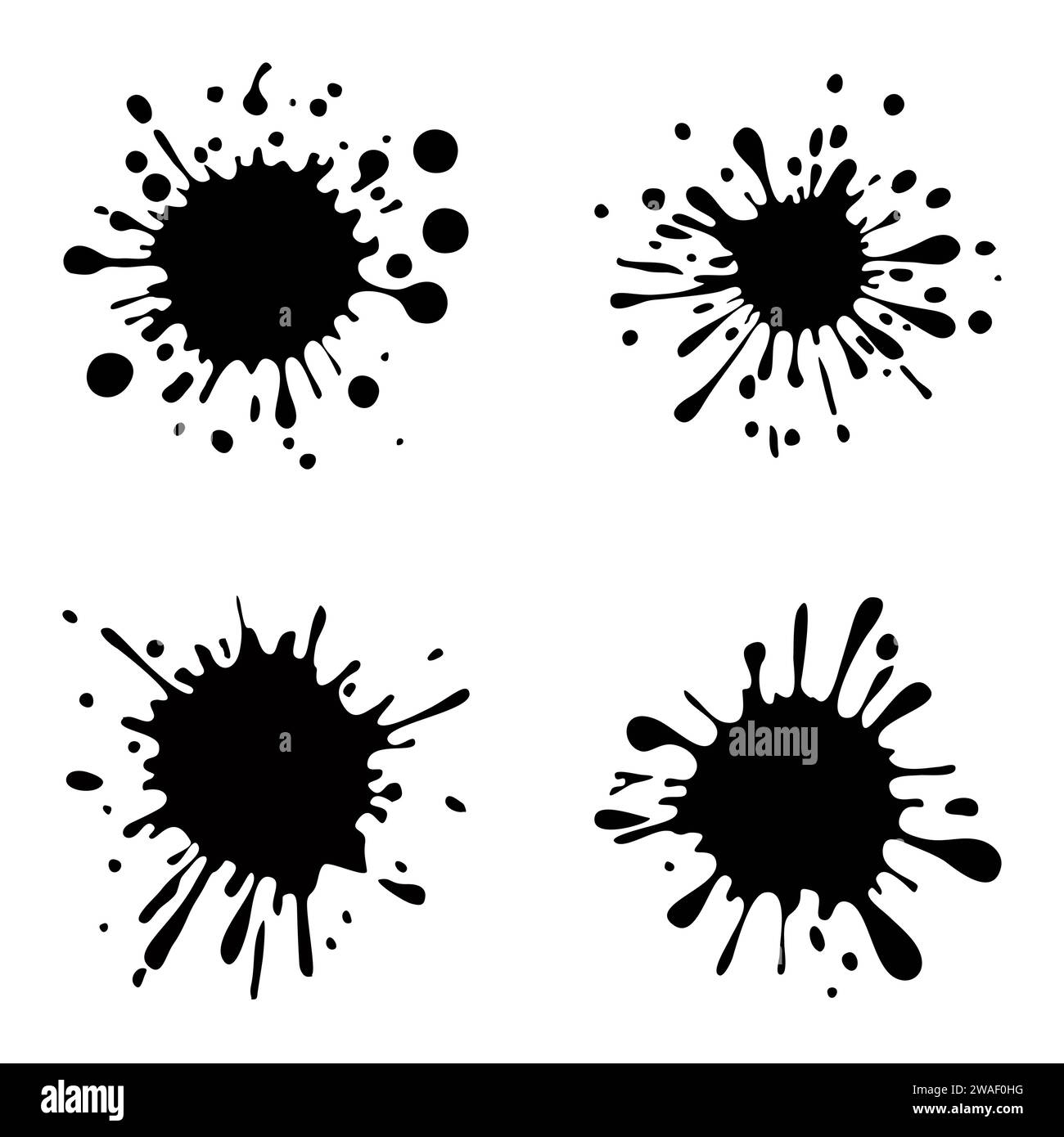 Black ink blots with drops set. Different handdrawn spray design elements. Paint ink splatter, stains set. Splash of paints with drops. Vector Stock Vector
