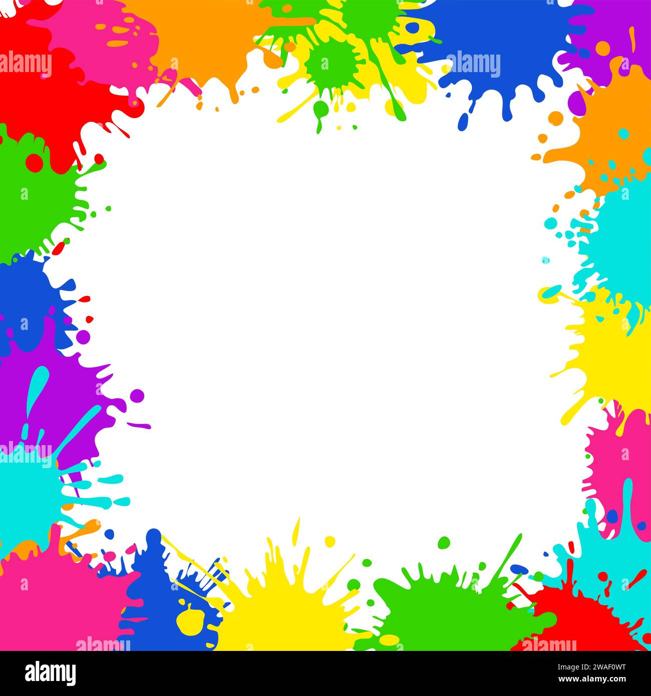 Bright colorful banner. Horizontal banner with colorful paint spots and splashes. Colorful blots, multicolored splash spray paints. Frame background Stock Vector