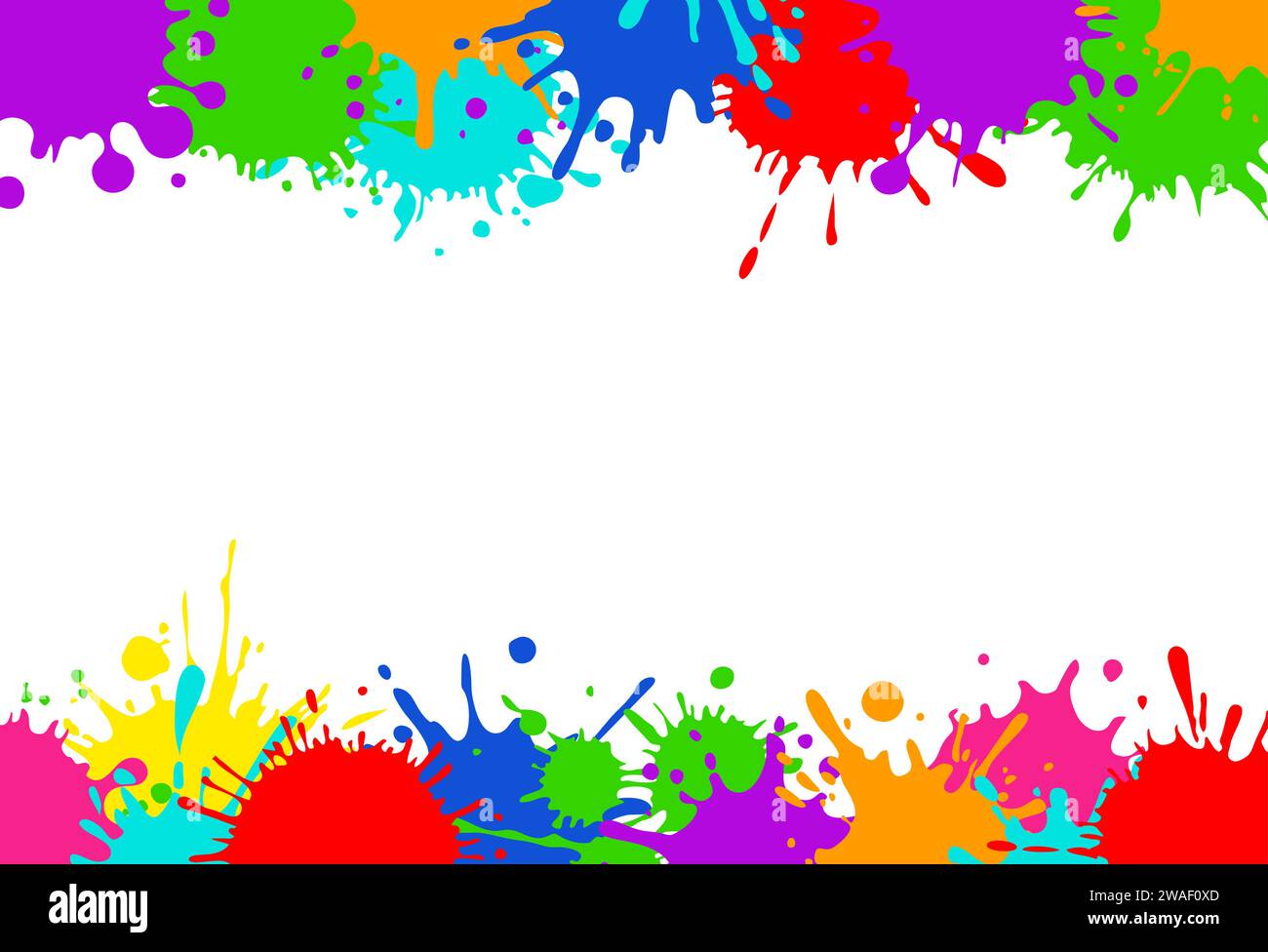 Bright colorful banner. Horizontal banner with colorful paint spots and splashes. Colorful blots, multicolored splash spray paints. Frame background Stock Vector